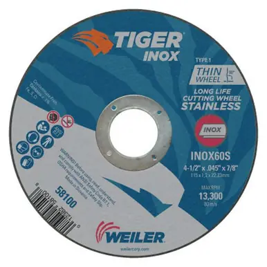 WEILER 58100 Tiger-ox Thin Cutting Wheels, 4 1/2" Dia, .045" Thick, 7/8" Arbor (25pk)