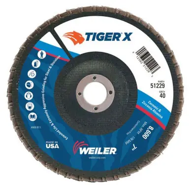 WEILER 51229 TIGER X Flap Disc, 7" Flat, 40 Grit, 7/8" Arbor