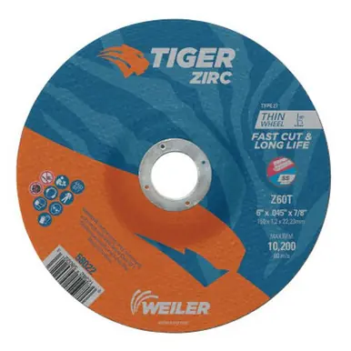 WEILER 58022 Tiger Zirc Thin Cutting Wheels 6" Dia .045 Thick 7/8" Arbor Grit 24 (25pk)