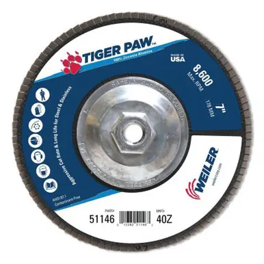 WEILER 51146 TigerPaw TY29 Coated Abrasive Flap Disc 7" 40 Grit 5/8 Arb. 8600RPM