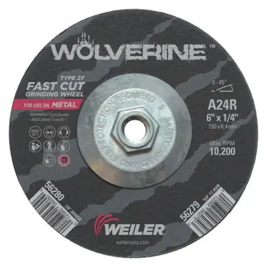 WEILER 56279 Wolverine Thin Cutting Wheels 6" Dia 1/4 Thick 5/8 Arbor 24 Grit