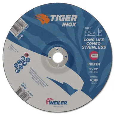 WEILER 58119 Tiger-ox Combo Wheels, 9" Dia., 1/8" Thick, 7/8" Arbor, 30 Grit (10pk)