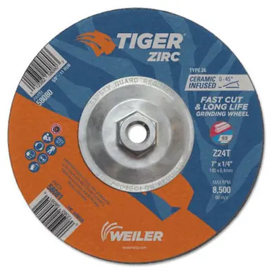 WEILER 58080 Tiger Zirc Grinding Wheels, 7" Dia., 1/4" Thick, 24 Grit, Zirconium (10pk)