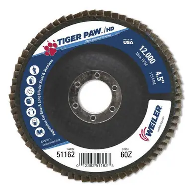 WEILER 51162 TigerPaw Coated Abrasive Flap Disc 4-1/2" 60 Grit 7/8 Arb. 12000RPM 10pk