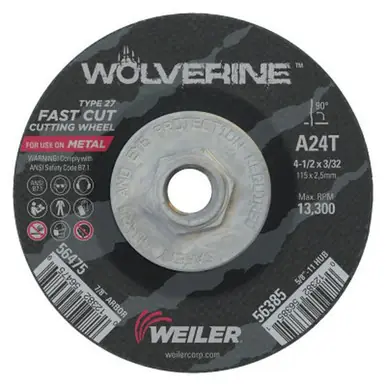 WEILER 56385 Wolverine Thin Cutting Wheels 4 1/2" Dia 3/32" Thick 24 Grit Alum. Oxide