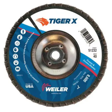 WEILER 51232 TIGER X Flap Disc, 7" Flat, 40 Grit, 5/8" - 11 Arbor