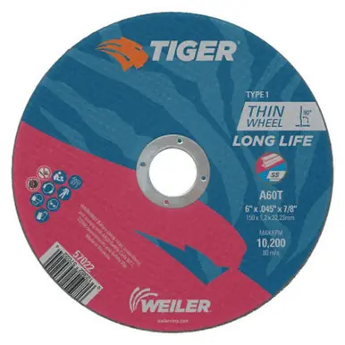 WEILER 57022 Tiger Thin Cutting Wheels, 6" Dia, .045" Thick, 7/8" Arbor, Grit 24 (25pk)