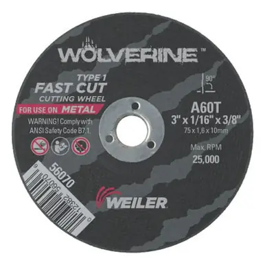 WEILER 56070 Wolverine Thin Cutting Wheels 3" Dia 1/16 Thick 3/8 Arbor 60 Grit (100pk)