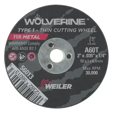 WEILER 56013 Wolverine Thin Cutting Wheels 2" Dia .035" Thick 60 Grit Aluminum Oxide (100pk)