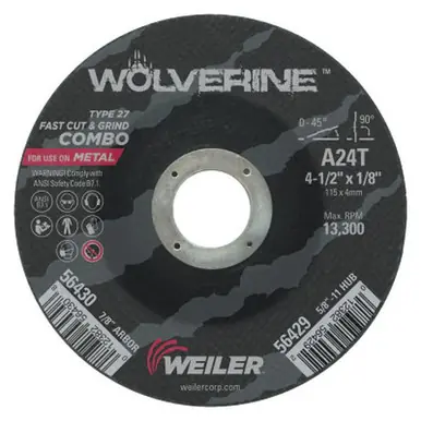 WEILER 56430 Wolverine Combo Wheels 4 1/2" Dia 1/8" Thick 7/8" Arbor 24 Grit R (25pk)