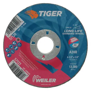WEILER 57121 Tiger Grinding Wheels, 4 1/2" Dia, .045" Thick, 7/8" Arbor (10pk)