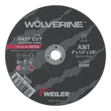 WEILER 56163 Portable Snagging Wheel, 4" Dia, 1/4" Thick, 36 Grit Alum. Oxide (10pk)
