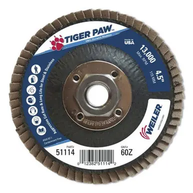 WEILER 51114 TigerPaw Coated Abrasive Flap Disc 4 1/2" 60 Grit 5/8 Arbor