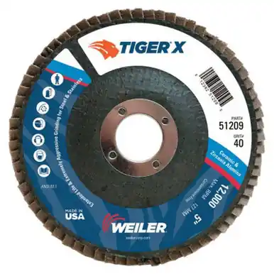 WEILER 51209 TIGER X Flap Disc, 5" Angled, 40 Grit, 7/8" Arbor