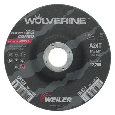WEILER 56428 Wolverine Combo Wheels, 5" Dia, 1/8" Thick, 7/8" Arbor, 24 Grit, T (25pk)