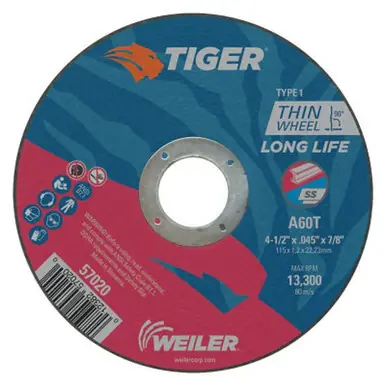 WEILER 57020 Tiger Thin Cutting Wheels 4 1/2" Dia .045" Thick 7/8" Arbor Grit 60 (25pk) (25pk)