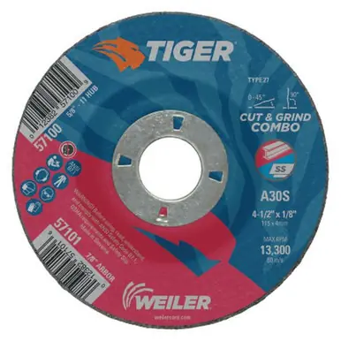 WEILER 57101 Tiger Combo Wheels, 4 1/2" Dia, 7/8" Arbor, 30 Grit (25pk)