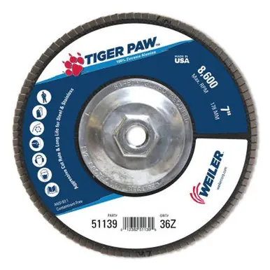 WEILER 51139 TigerPawAbrasive Flap Disc 7" 36 Grit 5/8 Arb. Phenolic Back