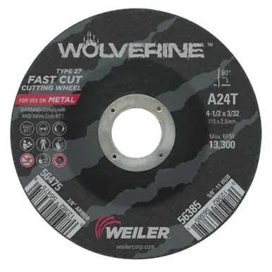 WEILER 56475 Wolverine Grinding Wheels 4 1/2" Dia 3/32" Thick 7/8" Arbor 24 Grit T