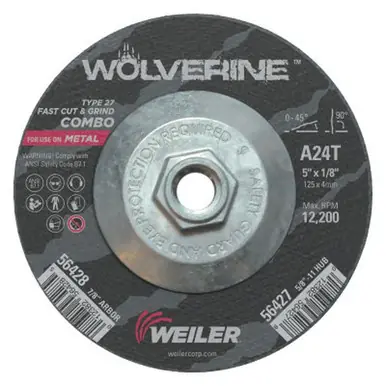 WEILER 56427 Wolverine Combo Wheels, 5" Dia, 1/8" Thick, 5/8" Arbor, 24 Grit, T (10pk)