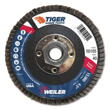 WEILER 50105 SaberTooth Ceramic Flap Disc 4 1/2" 40 Grit 5/8" Arbor 13000RPM (10pk)