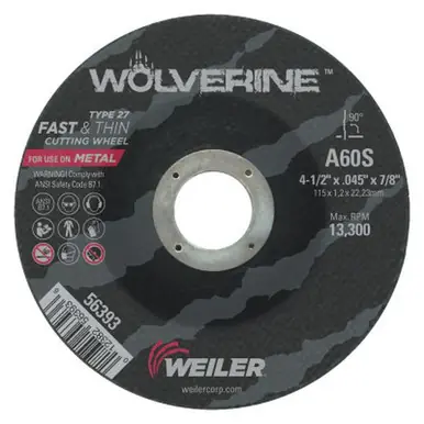 WEILER 56393 Wolverine Thin Cutting Wheels 4 1/2" x .045" 60 Grit S Aluminum Oxide