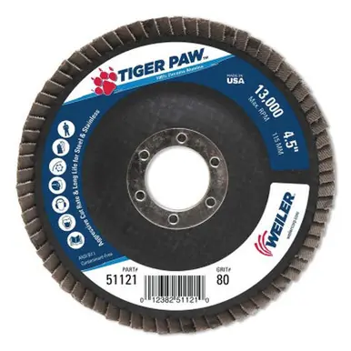 WEILER 51121 TigerPaw TY29 Abrasive Flap Disc 4-1/2" 80 Grit 7/8 Arbor 13000RPM