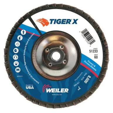 WEILER 51233 TIGER X Flap Disc, 7" Flat, 60 Grit, 5/8" - 11 Arbor