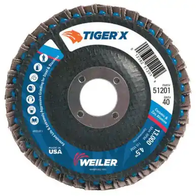 WEILER 51201 TIGER X Flap Disc, 4 1/2" Angled, 40 Grit, 7/8" Arbor