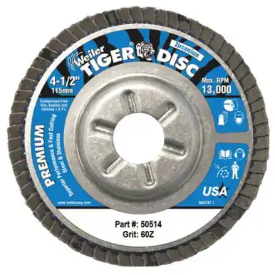 WEILER 50514 TigerDisc Angled Style Flap Disc 4 1/2" 60 Grit 7/8 Arbor Aluminum Back