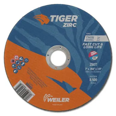 WEILER 58003 Tiger Zirc Thin Cutting Wheels 7" 0.06" Thick 7/8" Arbor 60 Grit (25pk)