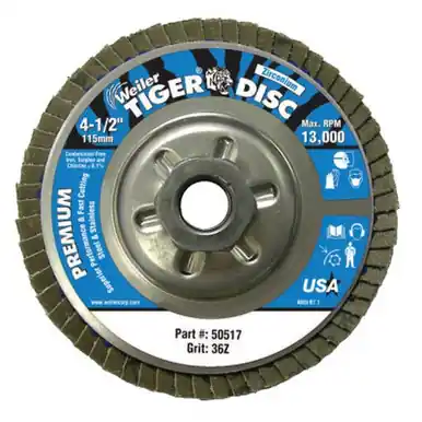 WEILER 50517 TigerDisc Angled Style Flap Disc 4-1/2" 36 Grit 5/8 Arbor Aluminum Back