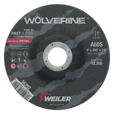 WEILER 56392 Wolverine Thin Cutting Wheels 5" Dia .045" Thick 7/8 Arbor 60 Grit (25pk)