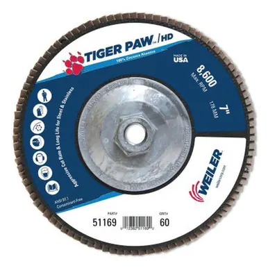 WEILER 51169 TigerPaw Super High Density Flap Disc 8" 60 Grit 5/8 Arbor 8 600RPM