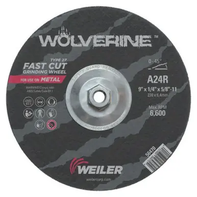 WEILER 56470 Wolverine Grinding Wheels 9" Dia 1/4" Thick 5/8" Arbor 24 Grit R (10pk)