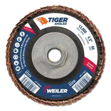 WEILER 51316 Tiger Ceramic Angled Flap Disc, 5/8" - 11, 60 Grit