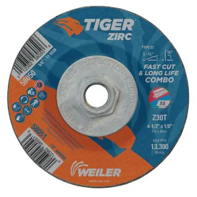 WEILER 58050 Tiger Zirc Combo Wheels, 4 1/2" Dia, 1/8" Thick, 5/8"-11 Arbor (10pk)