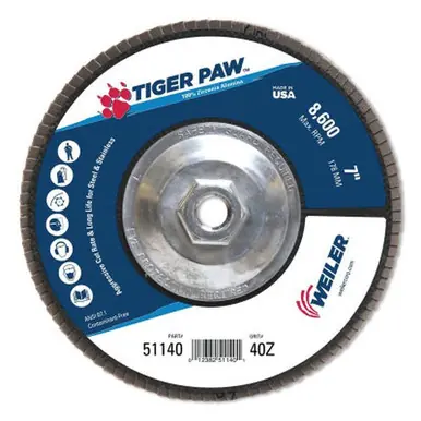 WEILER 51140 TigerPaw Abrasive Flap Disc 7" 40 Grit 5/8 Arb. Phenolic Back (10pk)