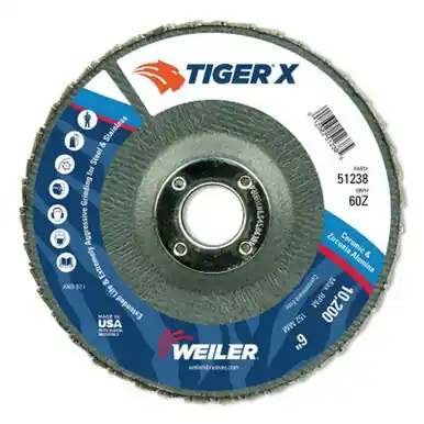 WEILER 51238 Tiger X Flap Disc, Type 29, 6", 60 Grit, 7/8" Arbor