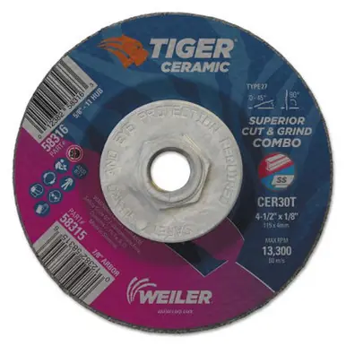 WEILER 58316 Tiger Ceramic Combo Wheels, 4 1/2" Dia, 1/8" Thick, 5/8" Arbor