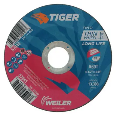 WEILER 57041 Tiger Thin Cutting Wheels 4 1/2" Dia .045" Thick 7/8" Arbor Grit 60 (25pk)