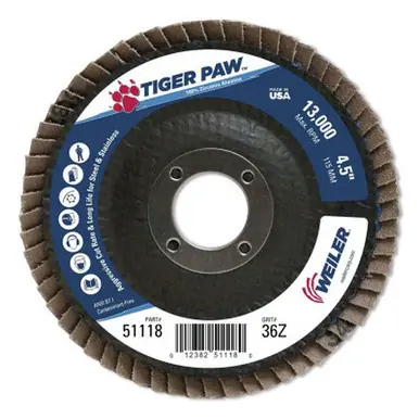 WEILER 51118 TigerPaw TY29 Abrasive Flap Disc 4 1/2" 36 Grit 7/8 Arbor 13000RPM