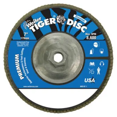 WEILER 50542 TigerDisc Angled Style Flap Disc 7" 36 Grit 5/8 Arbor Aluminum Back