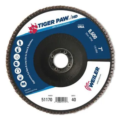 WEILER 51170 TigerPaw Super High Density Flap Disc 9" 40 Grit 7/8 Arbor 8 600RPM