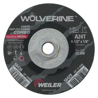 WEILER 56429 Wolverine Combo Wheels 4 1/2" Dia 1/8 Thick 5/8" - 11 Arbor 24 Grit R (10pk)