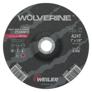 WEILER 56426 Wolverine Combo Wheels, 7" Dia, 1/8" Thick, 7/8" Arbor, 24 Grit, T (25pk)