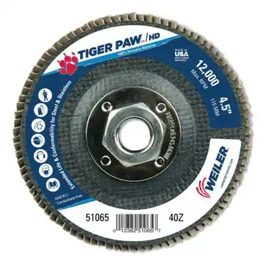 WEILER 51065 TigerPaw Super High Density Flap Disc 4-1/2" 40G 5/8"-11 Hub Arb.