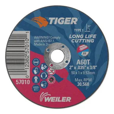 WEILER 57064 Tiger Aluminum Oxide Type 1 Cutting Wheel, 3 x 1/4 x 3/8, A24T T1