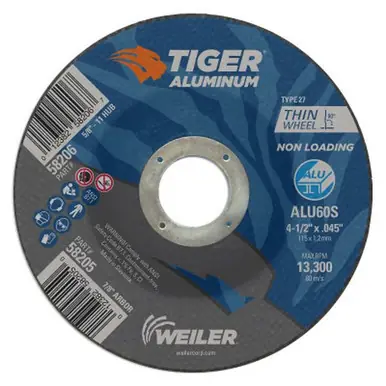 WEILER 58205 Aluminum Cutting Wheels 4.5" Dia 7/8" Arbor T27 60 Grit Alum. Oxide