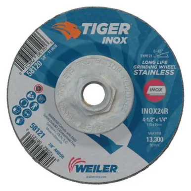 WEILER 58120 Tiger-ox Grinding Wheels, 4.5" Dia, 1/4" Thick, 5/8"-11 Arbor (10pk)